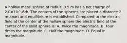 A hollow metal sphere of radius, 0.5 m has a net charge of 2.0×10^-6th. The centers of the spheres are placed a distance 2 m apart and equilibrium is established. Compared to the electric field at the center of the hollow sphere the electric field at the center of the solid sphere is: A. Twice the magnitude. B. Four times the magnitude. C. Half the magnitude. D. Equal in magnitude.