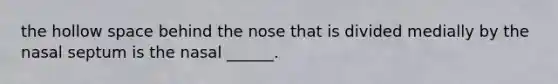 the hollow space behind the nose that is divided medially by the nasal septum is the nasal ______.