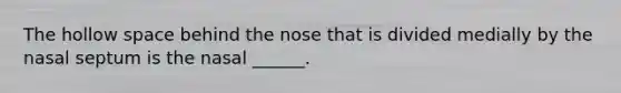 The hollow space behind the nose that is divided medially by the nasal septum is the nasal ______.