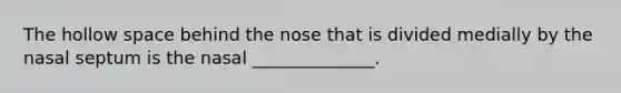 The hollow space behind the nose that is divided medially by the nasal septum is the nasal ______________.