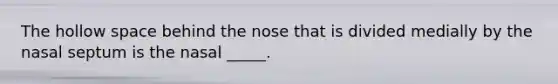 The hollow space behind the nose that is divided medially by the nasal septum is the nasal _____.