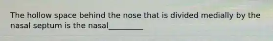 The hollow space behind the nose that is divided medially by the nasal septum is the nasal_________