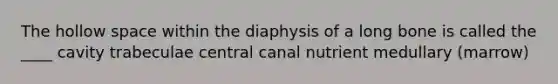 The hollow space within the diaphysis of a long bone is called the ____ cavity trabeculae central canal nutrient medullary (marrow)