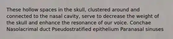 These hollow spaces in the skull, clustered around and connected to the nasal cavity, serve to decrease the weight of the skull and enhance the resonance of our voice. Conchae Nasolacrimal duct Pseudostratified epithelium Paranasal sinuses