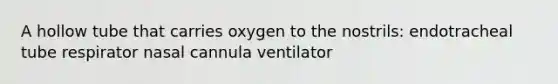 A hollow tube that carries oxygen to the nostrils: endotracheal tube respirator nasal cannula ventilator