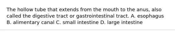 The hollow tube that extends from the mouth to the anus, also called the digestive tract or gastrointestinal tract. A. esophagus B. alimentary canal C. small intestine D. large intestine