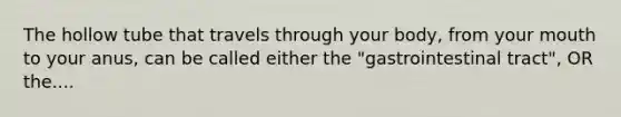 The hollow tube that travels through your body, from your mouth to your anus, can be called either the "gastrointestinal tract", OR the....