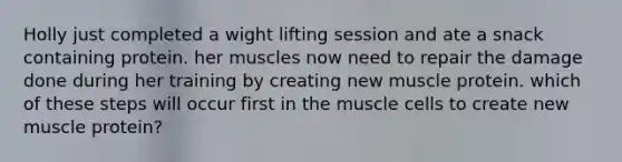 Holly just completed a wight lifting session and ate a snack containing protein. her muscles now need to repair the damage done during her training by creating new muscle protein. which of these steps will occur first in the muscle cells to create new muscle protein?