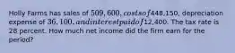 Holly Farms has sales of 509,600, costs of448,150, depreciation expense of 36,100, and interest paid of12,400. The tax rate is 28 percent. How much net income did the firm earn for the period?