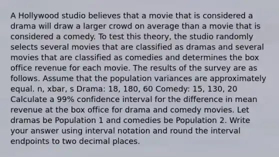 A Hollywood studio believes that a movie that is considered a drama will draw a larger crowd on average than a movie that is considered a comedy. To test this theory, the studio randomly selects several movies that are classified as dramas and several movies that are classified as comedies and determines the box office revenue for each movie. The results of the survey are as follows. Assume that the population variances are approximately equal. n, xbar, s Drama: 18, 180, 60 Comedy: 15, 130, 20 Calculate a 99% confidence interval for the difference in mean revenue at the box office for drama and comedy movies. Let dramas be Population 1 and comedies be Population 2. Write your answer using interval notation and round the interval endpoints to two decimal places.