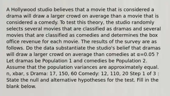 A Hollywood studio believes that a movie that is considered a drama will draw a larger crowd on average than a movie that is considered a comedy. To test this theory, the studio randomly selects several movies that are classified as dramas and several movies that are classified as comedies and determines the box office revenue for each movie. The results of the survey are as follows. Do the data substantiate the studio's belief that dramas will draw a larger crowd on average than comedies at α=0.05 ? Let dramas be Population 1 and comedies be Population 2. Assume that the population variances are approximately equal. n, xbar, s Drama: 17, 150, 60 Comedy: 12, 110, 20 Step 1 of 3 : State the null and alternative hypotheses for the test. Fill in the blank below.