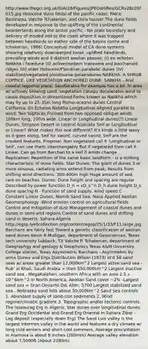 http://www.thegcr.org.uk/GIA/28/Figures/JPEGsHiRes/GCRv28c05f015.jpg Holocene dune feidsl of the pacific coast: PAtric Barrineau, Vatche Tchakerian, and chris houser The dune fields developed in response to the uplifting of the continental boarderlands along the active pacific - NA plate boundary and delivery of eroded sed to the coast where it was trapped between headlands on eather side of the basins (orme and tchakerian, 1986) Conceptual model of CA dune systems showing relatively downwarped basin, uplifted headlands, prevailing winds and 4 distinct aeolian phases; (I) en echelon Nebkha / foredune (II) active/modern transvere and barchanoid ridges (III) older Holocene/Flandrian parabolic dunes (IV) stabilized/vegetated pleistocene palaeodunes NABKHA: A SHRUB COPPICE, LIKE VEGETATION ANCHORED DUNE. SABKHA - Arid coastal lagoonal place. Saudiarabia for example has a lot. In area w/ actively blowing sand, vegetation canopy decelerates wind to cause deposition in streamlined forms known as Nabkha which may by up to 25-35m long Pismo-oceano dunes Central California, En Echelon Nebkha Longitudinal Aligned parallel to wind; Two Slipfaces Formed from two opposed oblique winds 100km long, 100m wide. Linear or Longitudinal dunes(?) Linear Dunes: Simpson Desert in central Australia Seif or Longitudinal or Linear? What makes this one different? It's kinda a little wavy as it goes along, Seif for sword, curved sword, Seif are the crooked features. Proposal: Non vegetated call it 'Longitudinal or Seif', can use them interchangably But if vegetated then call it Linear. Can go from Barchan to a seif if winds change. Replication: Repetition of the same basic landform - is a striking characteristic of dune fields. Star Dunes: The giant of dunes 3 or more sinuous, radiating arms extend from peak; Results from shifting wind directions. 300-400m high Huge amount of sed, rare on beaches. Dunes: Dune height and spacing are regular Described by power function D_h = cD_s^n D_h dune height D_s dune spacing N - Function of sand supply, wind speed C - Constant Linear Dunes, Namib Sand Sea, Nasa Applied Aeolian Geomorphology -Wind erosion control on agricultural fields Control and mitigation of dust Management of coastal dunes and dunes in semi-arid regions Control of sand dunes and drifting sand in deserts. Sahara-Algeria http://egsp.lyellcollection.org/content/egsp/25/1/33/F11.large.jpg Barchans are fairly fast Toward a genetic classification of aeolian sand dunes Kevin R Mulligan, department of Geosciences, Texas tech university Lubbock, TX Vatche P. Tchakerian, department of Geographgy and geology & Geophysics Texas A&M University, College station, Texas Asymmetric Barchans - Asymmetric by arms Dunes and Ergs Distribution Wilson (1973) id'd 58 sand seas w/ areas <a href='https://www.questionai.com/knowledge/ktgHnBD4o3-greater-than' class='anchor-knowledge'>greater than</a> 12,000km^2 Largest actve sand sea - Rub' al Khali, Saudi Arabia > then 550,000km^2 Largest inactive sand sea - MegaKalahari, southern Africa with an area 2.5 x 10^6km^2 In North America, Aeolian Sand cover ~2% -Largest sand sea = Gran Desierto Del Alter, 5700 Largest stabilized sand sea - Nebraska sand hills about 50,000km^2 Sand Sea controls 1. Abundant supply of sand-size sediments 2. Wind regime/climatic gradient 3. Topographic and/or tectonic controls. The Issaourag Erg in Algeria: Star dunes over longitudinal dunes. Grand Erg Occidental and Grand Erg Oriental in Sahara Zibar - Lag deposit (especially down Erg) The Sand Luis valley is the largest intermtn valley in the world and features a dry climate w/ long cold winters and short cool summers. Average precipitation in Alamosa is about 8 inches (200mm) Average valley elevation about 7,5000ft (About 2280m)