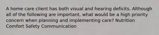 A home care client has both visual and hearing deficits. Although all of the following are important, what would be a high priority concern when planning and implementing care? Nutrition Comfort Safety Communication