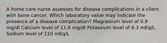 A home care nurse assesses for disease complications in a client with bone cancer. Which laboratory value may indicate the presence of a disease complication? Magnesium level of 0.9 mg/dl Calcium level of 11.6 mg/dl Potassium level of 6.3 mEq/L Sodium level of 110 mEq/L