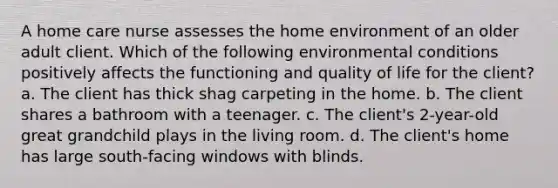 A home care nurse assesses the home environment of an older adult client. Which of the following environmental conditions positively affects the functioning and quality of life for the client? a. The client has thick shag carpeting in the home. b. The client shares a bathroom with a teenager. c. The client's 2-year-old great grandchild plays in the living room. d. The client's home has large south-facing windows with blinds.