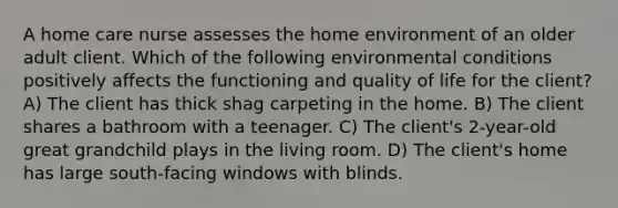 A home care nurse assesses the home environment of an older adult client. Which of the following environmental conditions positively affects the functioning and quality of life for the client? A) The client has thick shag carpeting in the home. B) The client shares a bathroom with a teenager. C) The client's 2-year-old great grandchild plays in the living room. D) The client's home has large south-facing windows with blinds.