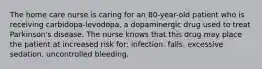 The home care nurse is caring for an 80-year-old patient who is receiving carbidopa-levodopa, a dopaminergic drug used to treat Parkinson's disease. The nurse knows that this drug may place the patient at increased risk for: infection. falls. excessive sedation. uncontrolled bleeding.