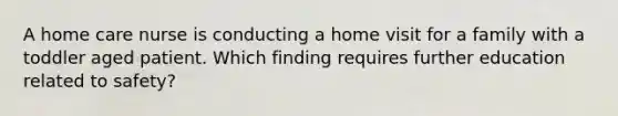 A home care nurse is conducting a home visit for a family with a toddler aged patient. Which finding requires further education related to safety?