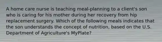 A home care nurse is teaching meal-planning to a client's son who is caring for his mother during her recovery from hip replacement surgery. Which of the following meals indicates that the son understands the concept of nutrition, based on the U.S. Department of Agriculture's MyPlate?