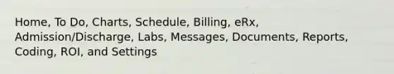 Home, To Do, Charts, Schedule, Billing, eRx, Admission/Discharge, Labs, Messages, Documents, Reports, Coding, ROI, and Settings