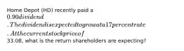 Home Depot (HD) recently paid a 0.90 dividend. The dividend is expected to grow at a 17 percent rate. At the current stock price of33.08, what is the return shareholders are expecting?