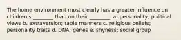 The home environment most clearly has a greater influence on children's ________ than on their ________. a. personality; political views b. extraversion; table manners c. religious beliefs; personality traits d. DNA; genes e. shyness; social group