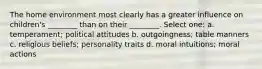 The home environment most clearly has a greater influence on children's ________ than on their ________. Select one: a. temperament; political attitudes b. outgoingness; table manners c. religious beliefs; personality traits d. moral intuitions; moral actions