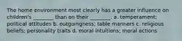 The home environment most clearly has a greater influence on children's ________ than on their ________. a. temperament; political attitudes b. outgoingness; table manners c. religious beliefs; personality traits d. moral intuitions; moral actions