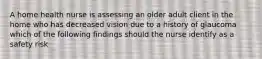 A home health nurse is assessing an older adult client in the home who has decreased vision due to a history of glaucoma which of the following findings should the nurse identify as a safety risk