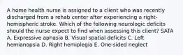 A home health nurse is assigned to a client who was recently discharged from a rehab center after experiencing a right-hemispheric stroke. Which of the following neurologic deficits should the nurse expect to find when assessing this client? SATA A. Expressive aphasia B. Visual spatial deficits C. Left hemianopsia D. Right hemiplegia E. One-sided neglect