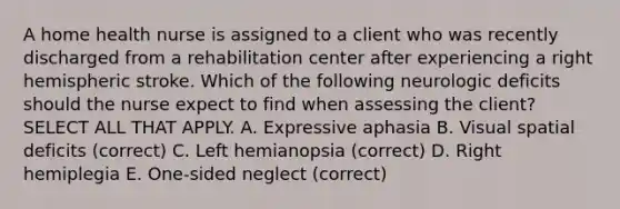 A home health nurse is assigned to a client who was recently discharged from a rehabilitation center after experiencing a right hemispheric stroke. Which of the following neurologic deficits should the nurse expect to find when assessing the client? SELECT ALL THAT APPLY. A. Expressive aphasia B. Visual spatial deficits (correct) C. Left hemianopsia (correct) D. Right hemiplegia E. One-sided neglect (correct)