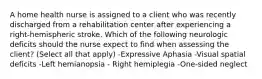 A home health nurse is assigned to a client who was recently discharged from a rehabilitation center after experiencing a right-hemispheric stroke. Which of the following neurologic deficits should the nurse expect to find when assessing the client? (Select all that apply) -Expressive Aphasia -Visual spatial deficits -Left hemianopsia - Right hemiplegia -One-sided neglect