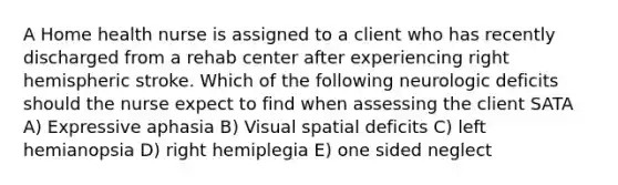 A Home health nurse is assigned to a client who has recently discharged from a rehab center after experiencing right hemispheric stroke. Which of the following neurologic deficits should the nurse expect to find when assessing the client SATA A) Expressive aphasia B) Visual spatial deficits C) left hemianopsia D) right hemiplegia E) one sided neglect