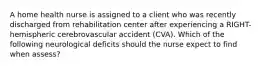 A home health nurse is assigned to a client who was recently discharged from rehabilitation center after experiencing a RIGHT-hemispheric cerebrovascular accident (CVA). Which of the following neurological deficits should the nurse expect to find when assess?