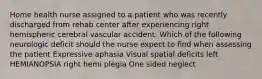 Home health nurse assigned to a patient who was recently discharged from rehab center after experiencing right hemispheric cerebral vascular accident. Which of the following neurologic deficit should the nurse expect to find when assessing the patient Expressive aphasia Visual spatial deficits left HEMIANOPSIA right hemi plegia One sided neglect