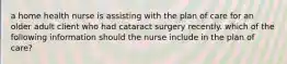 a home health nurse is assisting with the plan of care for an older adult client who had cataract surgery recently. which of the following information should the nurse include in the plan of care?