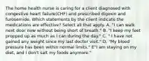 The home health nurse is caring for a client diagnosed with congestive heart failure(CHF) and prescribed digoxin and furosemide. Which statements by the client indicate the medications are effective? Select all that apply. A. "I can walk next door now without being short of breath." B. "I keep my feet propped up as much as I can during the day." C. " I have not gained any weight since my last doctor visit." D. "My blood pressure has been within normal limits." E"I am staying on my diet, and I don't salt my foods anymore."