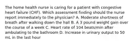 The home health nurse is caring for a patient with congestive heart failure (CHF). Which assessment finding should the nurse report immediately to the physician? A. Moderate shortness of breath after walking down the hall B. A 3 pound weight gain over the course of a week C. Heart rate of 104 beats/min after ambulating to the bathroom D. Increase in urinary output to 50 mL in the last hour