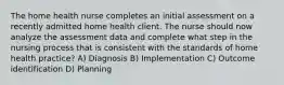 The home health nurse completes an initial assessment on a recently admitted home health client. The nurse should now analyze the assessment data and complete what step in the nursing process that is consistent with the standards of home health practice? A) Diagnosis B) Implementation C) Outcome identification D) Planning