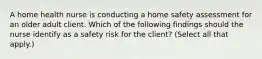 A home health nurse is conducting a home safety assessment for an older adult client. Which of the following findings should the nurse identify as a safety risk for the client? (Select all that apply.)