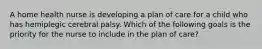 A home health nurse is developing a plan of care for a child who has hemiplegic cerebral palsy. Which of the following goals is the priority for the nurse to include in the plan of care?