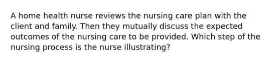 A home health nurse reviews the nursing care plan with the client and family. Then they mutually discuss the expected outcomes of the nursing care to be provided. Which step of the nursing process is the nurse illustrating?