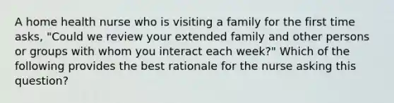 A home health nurse who is visiting a family for the first time asks, "Could we review your extended family and other persons or groups with whom you interact each week?" Which of the following provides the best rationale for the nurse asking this question?