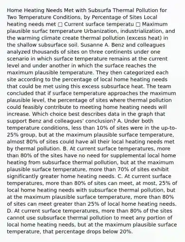 Home Heating Needs Met with Subsurfa Thermal Pollution for Two Temperature Conditions, by Percentage of Sites Local heating needs met □ Current surface temperatu □ Maximum plausible surfac temperature Urbanization, industrialization, and the warming climate create thermal pollution (excess heat) in the shallow subsurface soil. Susanne A. Benz and colleagues analyzed thousands of sites on three continents under one scenario in which surface temperature remains at the current level and under another in which the surface reaches the maximum plausible temperature. They then categorized each site according to the percentage of local home heating needs that could be met using this excess subsurface heat. The team concluded that if surface temperature approaches the maximum plausible level, the percentage of sites where thermal pollution could feasibly contribute to meeting home heating needs will increase. Which choice best describes data in the graph that support Benz and colleagues' conclusion? A. Under both temperature conditions, less than 10% of sites were in the up-to-25% group, but at the maximum plausible surface temperature, almost 80% of sites could have all their local heating needs met by thermal pollution. B. At current surface temperatures, more than 80% of the sites have no need for supplemental local home heating from subsurface thermal pollution, but at the maximum plausible surface temperature, more than 70% of sites exhibit significantly greater home heating needs. C. At current surface temperatures, more than 80% of sites can meet, at most, 25% of local home heating needs with subsurface thermal pollution, but at the maximum plausible surface temperature, more than 80% of sites can meet greater than 25% of local home heating needs. D. At current surface temperatures, more than 80% of the sites cannot use subsurface thermal pollution to meet any portion of local home heating needs, but at the maximum plausible surface temperature, that percentage drops below 20%.