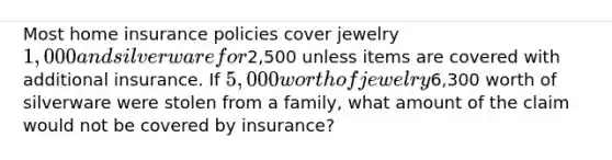 Most home insurance policies cover jewelry 1,000 and silverware for2,500 unless items are covered with additional insurance. If 5,000 worth of jewelry6,300 worth of silverware were stolen from a family, what amount of the claim would not be covered by insurance?