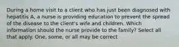 During a home visit to a client who has just been diagnosed with hepatitis A, a nurse is providing education to prevent the spread of the disease to the client's wife and children. Which information should the nurse provide to the family? Select all that apply. One, some, or all may be correct