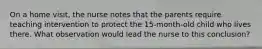 On a home visit, the nurse notes that the parents require teaching intervention to protect the 15-month-old child who lives there. What observation would lead the nurse to this conclusion?