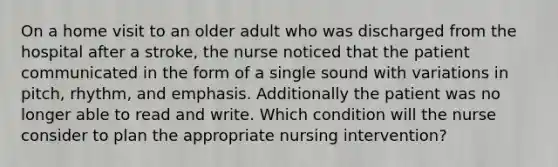 On a home visit to an older adult who was discharged from the hospital after a stroke, the nurse noticed that the patient communicated in the form of a single sound with variations in pitch, rhythm, and emphasis. Additionally the patient was no longer able to read and write. Which condition will the nurse consider to plan the appropriate nursing intervention?