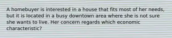 A homebuyer is interested in a house that fits most of her needs, but it is located in a busy downtown area where she is not sure she wants to live. Her concern regards which economic characteristic?