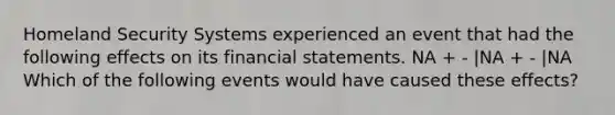 Homeland Security Systems experienced an event that had the following effects on its financial statements. NA + - |NA + - |NA Which of the following events would have caused these effects?